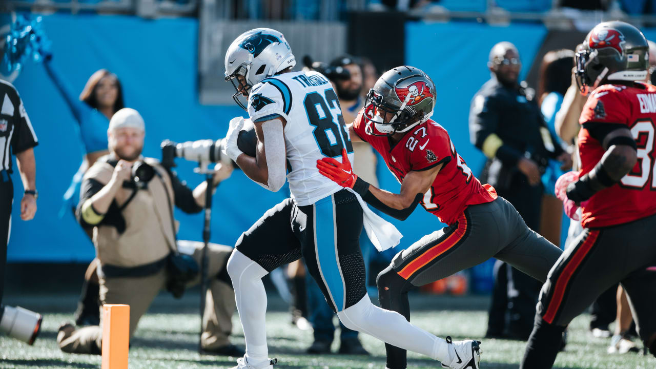 Tommy Tremble of the Carolina Panthers walks off the field following