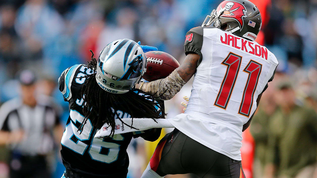 James Bradberry #24 Cornerback of The Carolina Panthers intercepts a  touchdown pass meant for Mike Evans #13 Wide Receiver of Tampa Bay during  the NFL game between Carolina Panthers and Tampa Bay