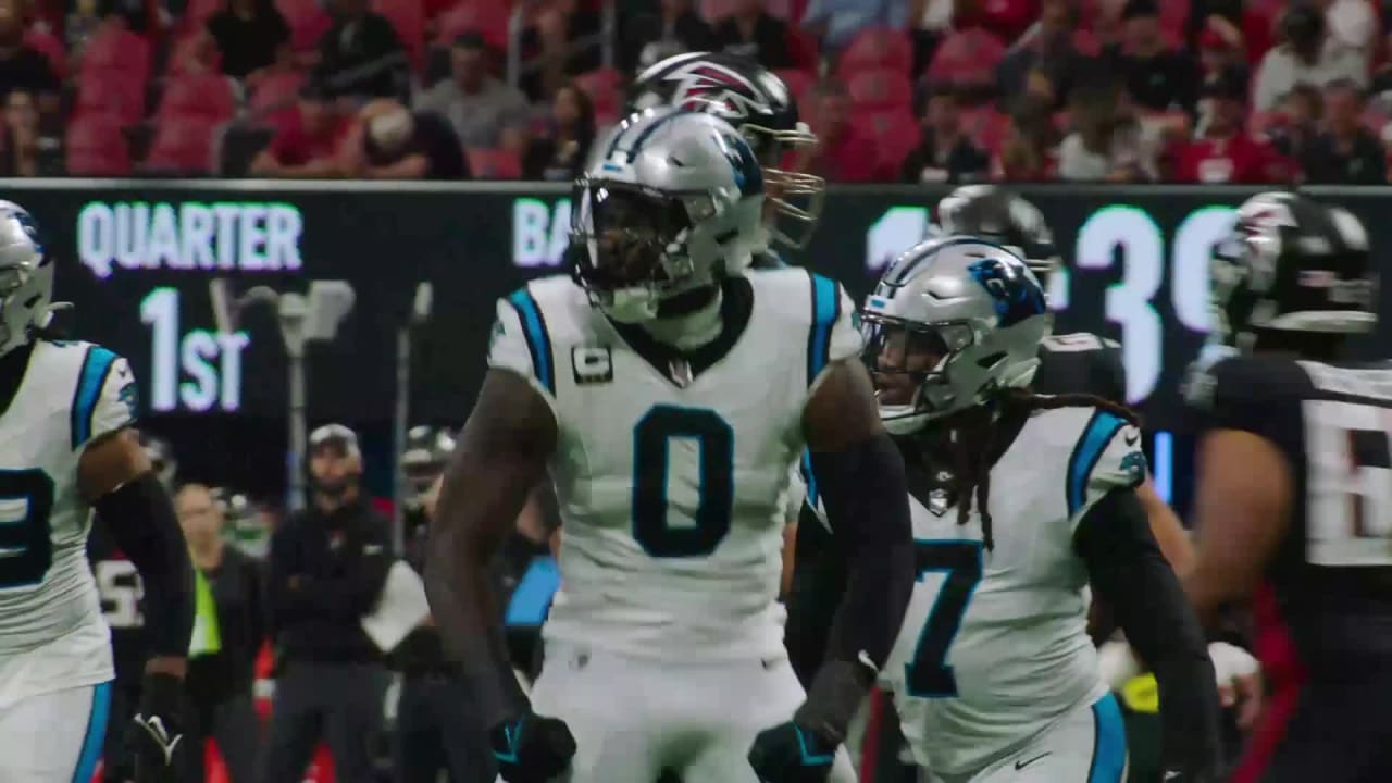 Carolina Panthers defensive tackle Derrick Brown brings down Desmond Ridder  for 13-yard sack to end the first half