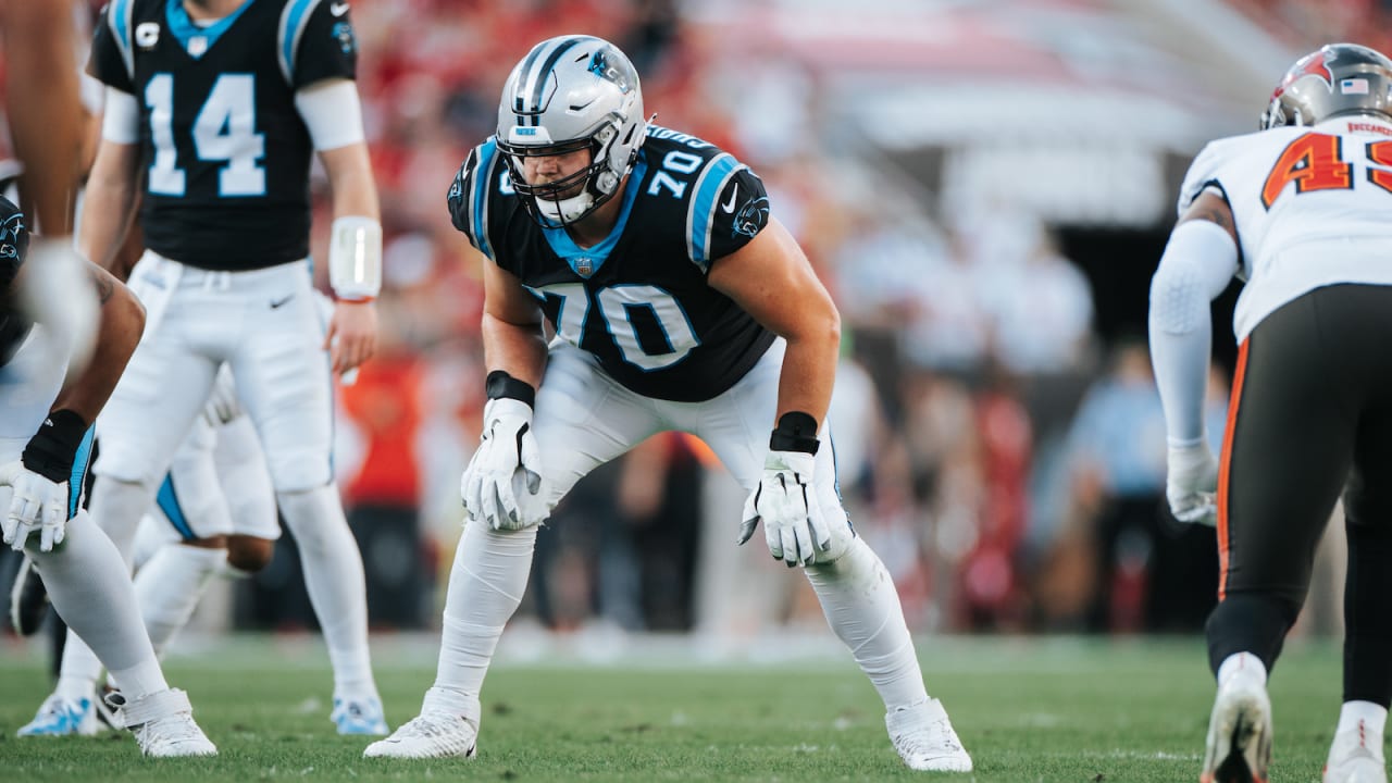 Carolina Panthers offensive tackle Brady Christensen (70) lines up