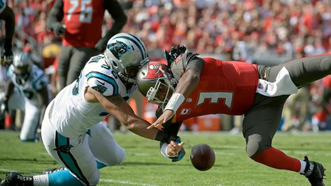 Carolina Panthers defensive end Wes Horton (96) grabs a fumble by