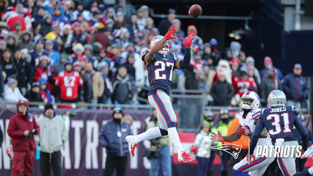 New England Patriots cornerback J.C. Jackson (27) celebrates his  interception with New England …