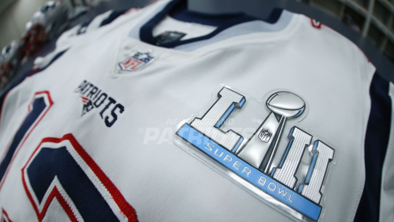 The Super Bowl 53 patch on a New England Patriots jersey during a