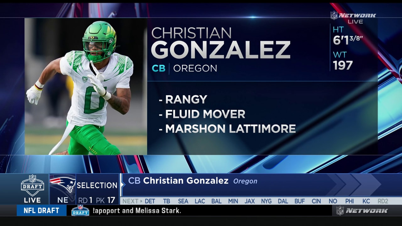 WITH THE 17th PICK IN THE 2023 NFL DRAFT THE NEW ENGLAND PATRIOTS SELECT  CHRISTIAN GONZALEZ, CB