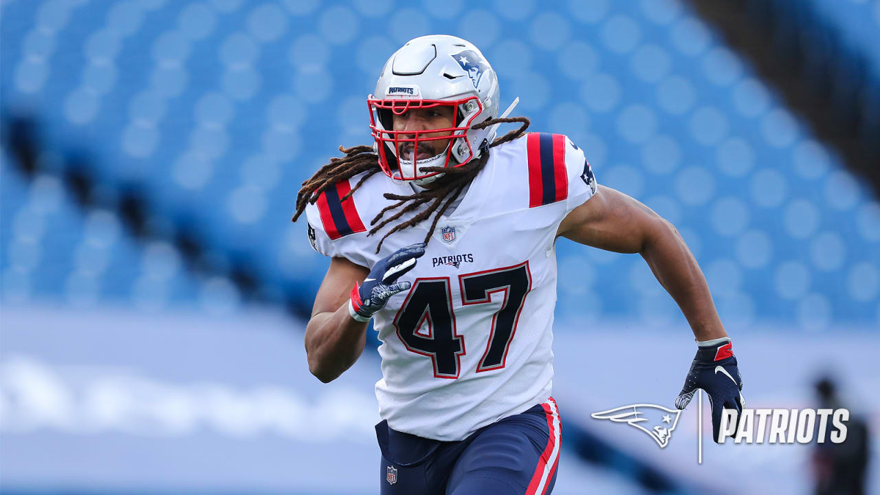 New England Patriots' Jakob Johnson before an NFL football game