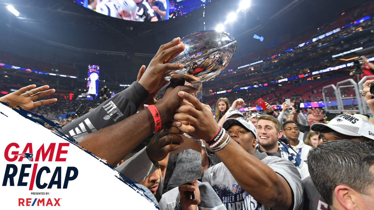 New England Patriots center David Andrews (60) celebrates a touchdown by  teammate Sony Michel (not pictured) in the fourth quarter of Super Bowl  LIII against the Los Angeles Rams at Mercedes-Benz Stadium