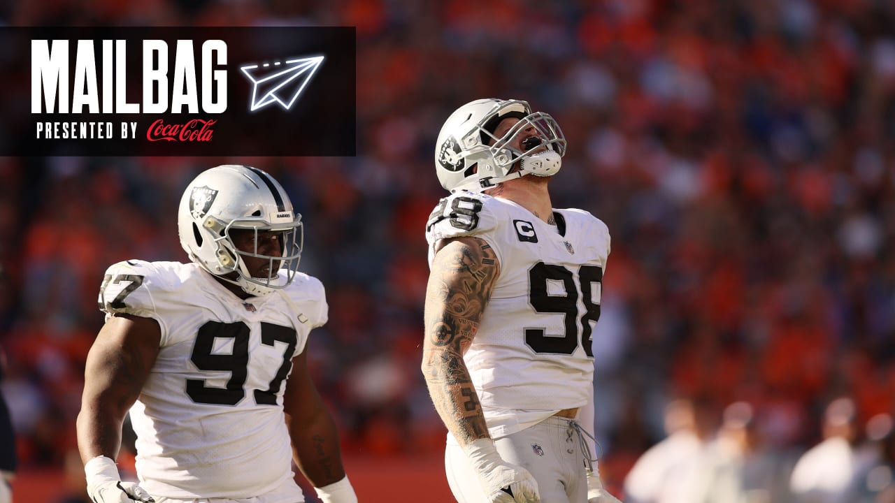 Las Vegas Raiders inside linebacker Cory Littleton (42) and Divine Deablo (5)  during the second half of an NFL football game against the Philadelphia  Eagles, Sunday, Oct. 24, 2021, in Las Vegas. (