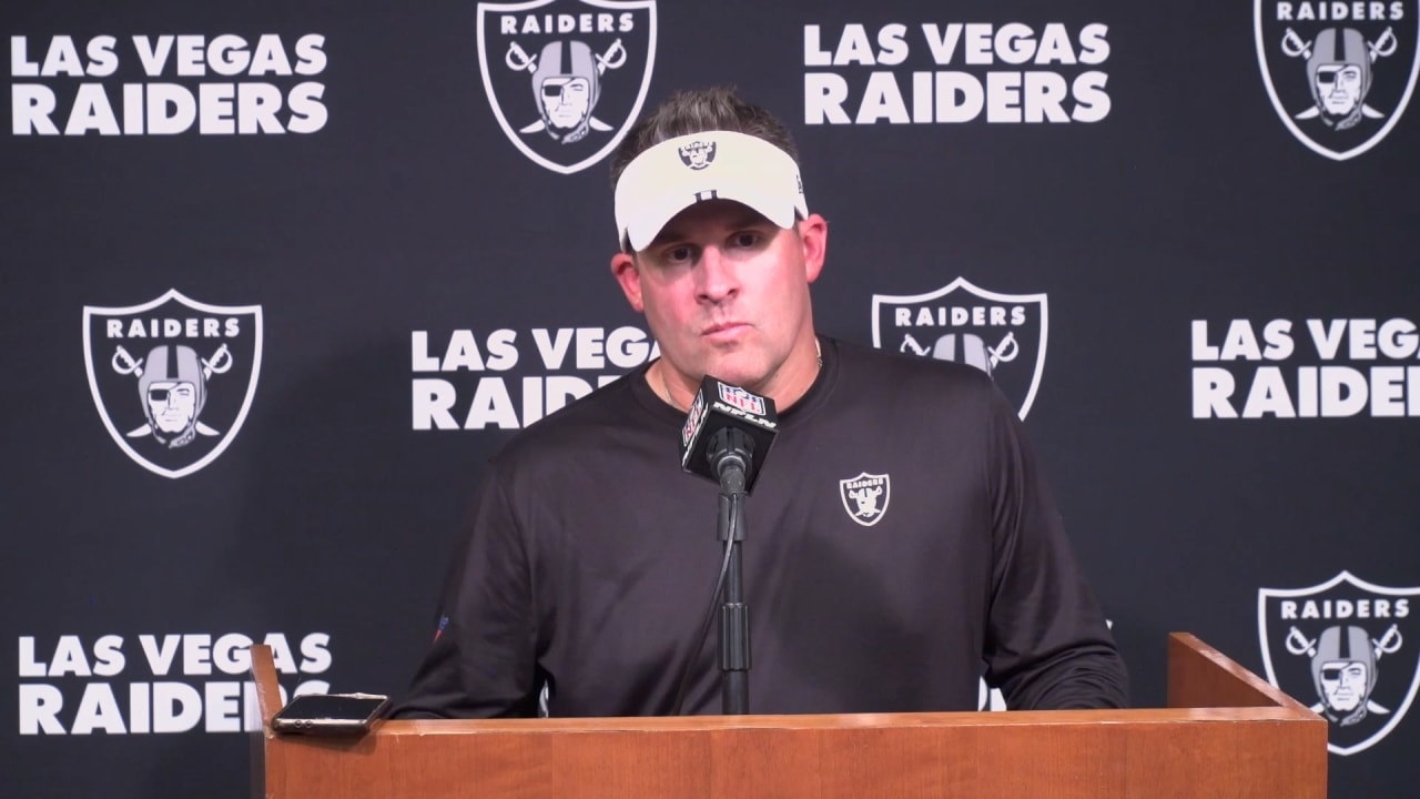 Head Coach Josh McDaniels talks to the media postgame