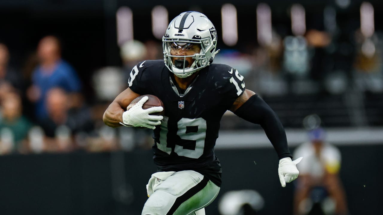 Las Vegas Raiders wide receiver DJ Turner runs with the ball during the  first half of an NFL football game against the Houston Texans Sunday, Oct.  23, 2022, in Las Vegas. (AP