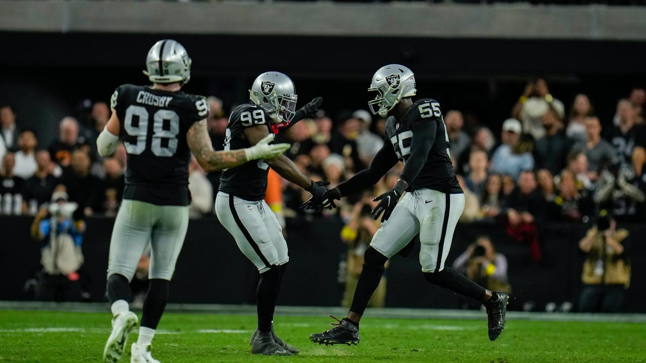 Raiders defensive end Clelin Ferrell (99) runs on the field during a  practice session at the Ra …