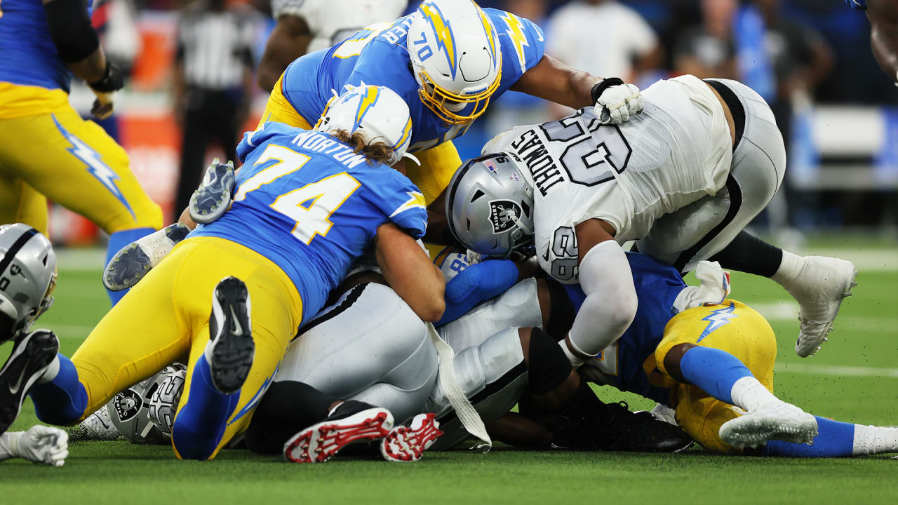 Las Vegas Raiders defensive end Solomon Thomas leaves the field after the  Raiders lost to the Los Angeles Chargers 28-14 in an NFL football game  Monday, Oct. 4, 2021, in Inglewood, Calif. (