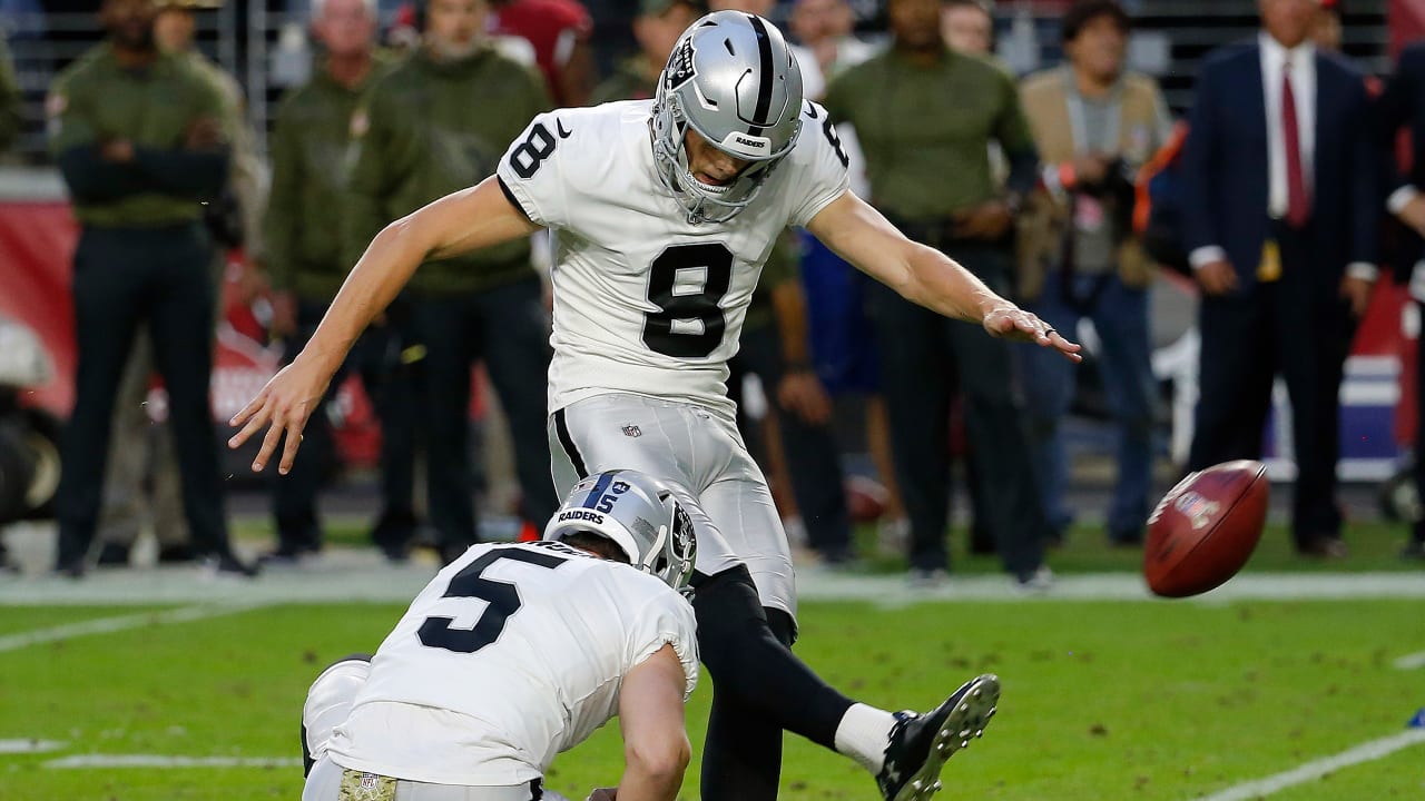 KANSAS CITY, MO - DECEMBER 12: Las Vegas Raiders kicker Daniel Carlson (2)  kicks off in the third quarter of an NFL game between the Las Vegas Raiders  and Kansas City Chiefs