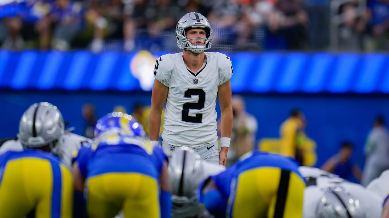 Las Vegas Raiders place kicker Daniel Carlson (2) after kicking field goal  during an NFL football game against the Seattle Seahawks, Sunday, Nov. 27,  2022, in Seattle, WA. The Raiders defeated the