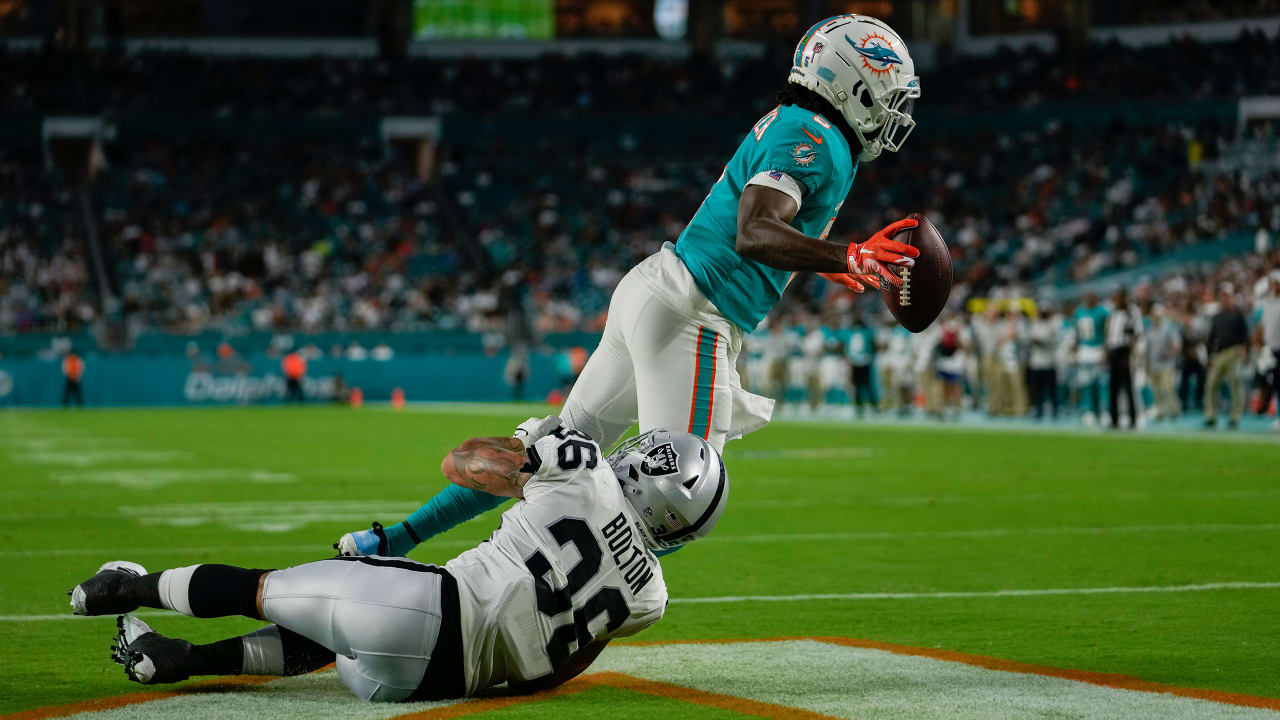 Miami Dolphins quarterback Teddy Bridgewater (5) is tackled by Las Vegas  Raiders linebacker Curtis Bolton for a safety during the first half of a  NFL preseason football game, Saturday, Aug. 20, 2022