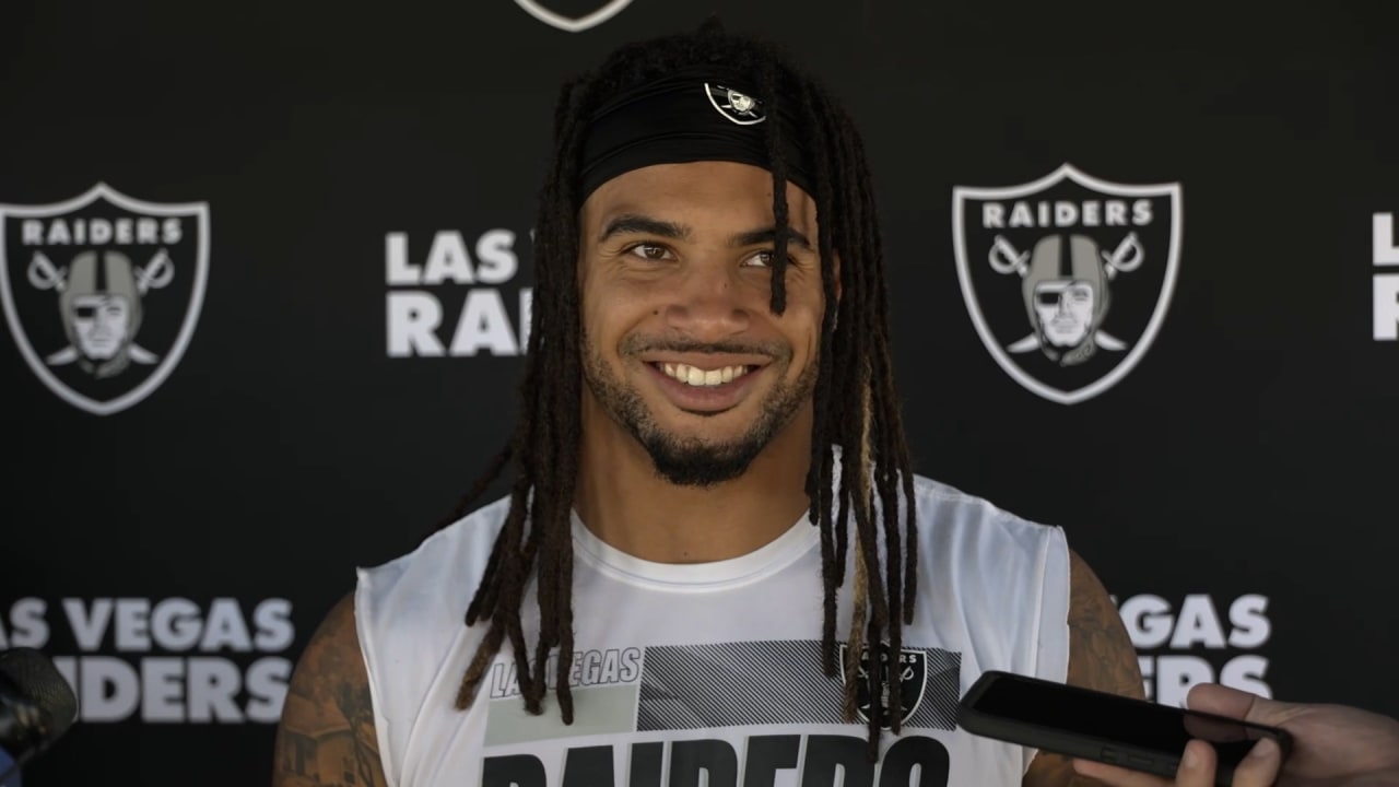 Las Vegas Raiders safety Tre'von Moehrig (25) celebrates breaking up a pass  intended for Los Angeles Rams wide receiver Cooper Kupp (10) during traini  Stock Photo - Alamy