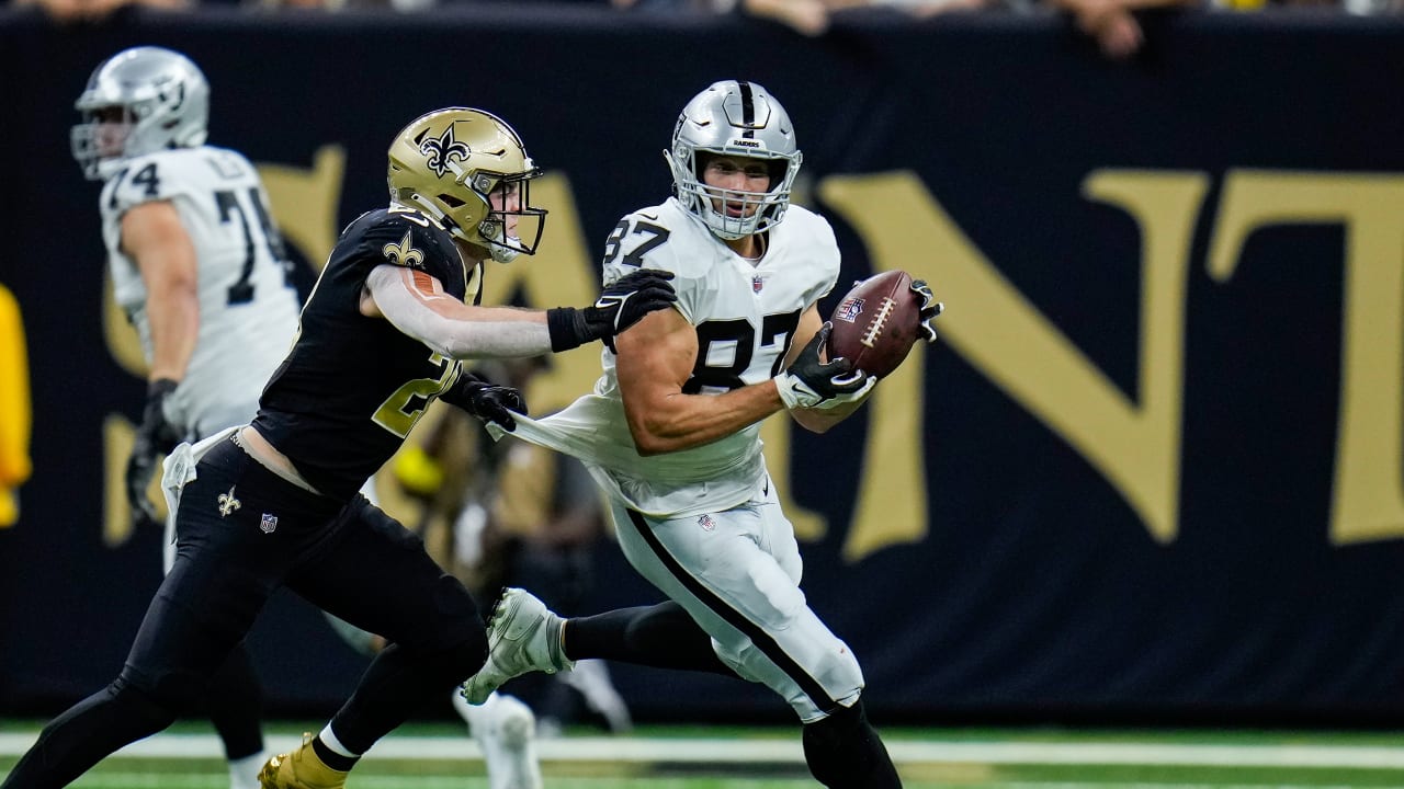 Jacksonville Jaguars tight end Luke Farrell is tackled by Las Vegas Raiders  linebacker Luke Masterson during the first half of the NFL football  exhibition Hall of Fame Game, Thursday, Aug. 4, 2022