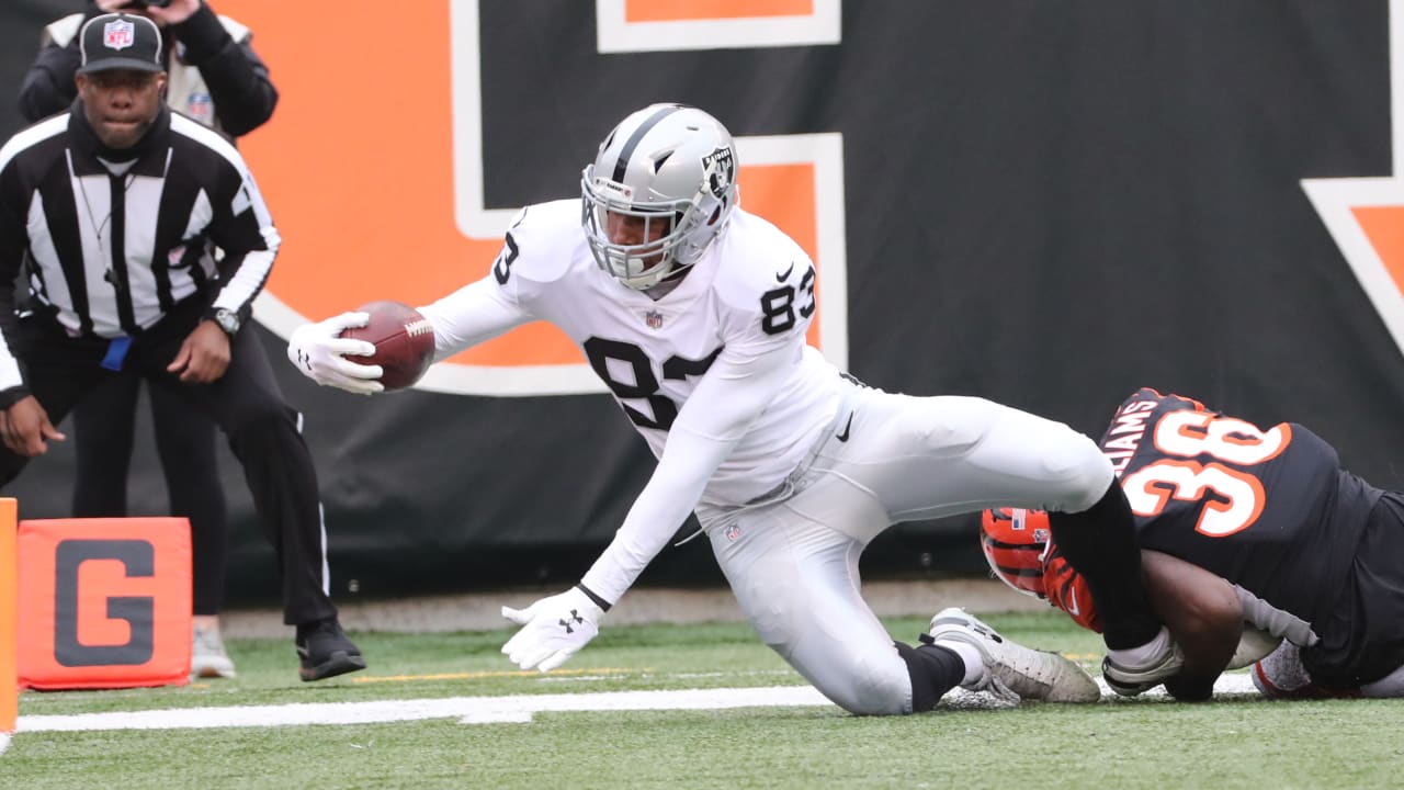 Las Vegas Raiders tight end Darren Waller pushes past Tyrann