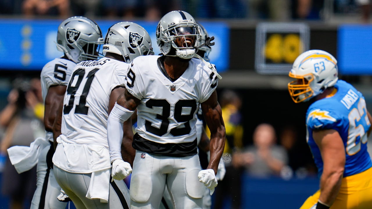 Los Angeles Chargers tight end Tre' McKitty (88) is tackled by Las Vegas  Raiders cornerback Nate Hobbs (39) during the first half of an NFL football  game, Sunday, Dec. 4, 2022, in