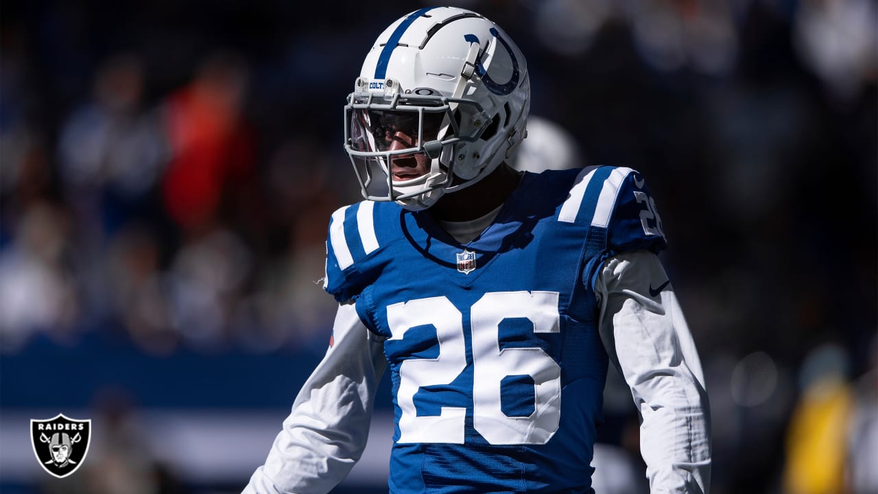 Las Vegas Raiders cornerback Rock Ya-Sin (26) leaves the field against the  Indianapolis Colts during the first half of an NFL football game, Sunday,  Nov 13, 2022, in Las Vegas. (AP Photo/Rick