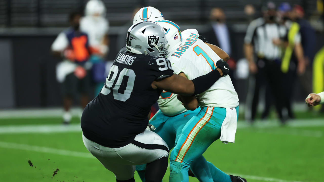 Las Vegas Raiders defensive tackle Johnathan Hankins (90) reacts after a  defensive stop in the second half during an NFL football game, Sunday,  Sept. 19, 2021, in Pittsburgh. (AP Photo/Justin Berl Stock