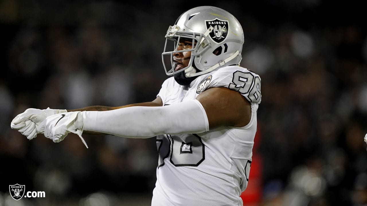 Oakland Raiders defensive end Clelin Ferrell (96) reacts after