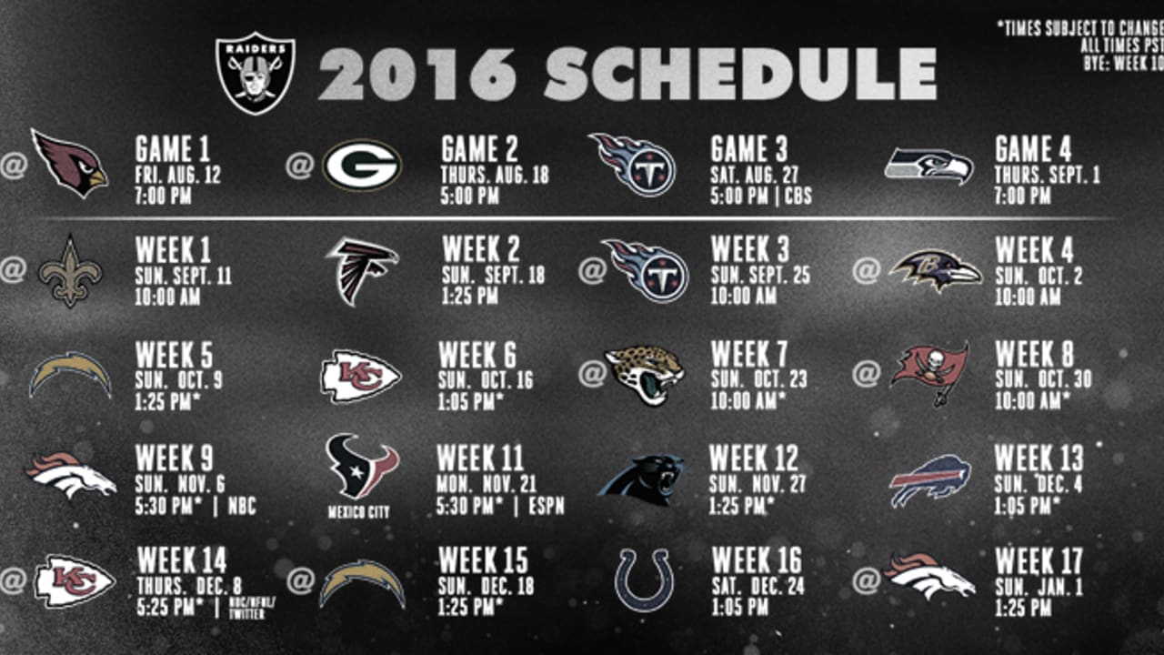 Oakland Raiders 2016 Regular Season Schedule Announced