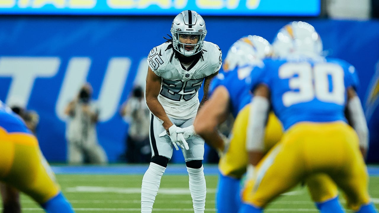 Las Vegas Raiders free safety Trevon Moehrig (25) takes down Kansas City  Chiefs running back Derrick