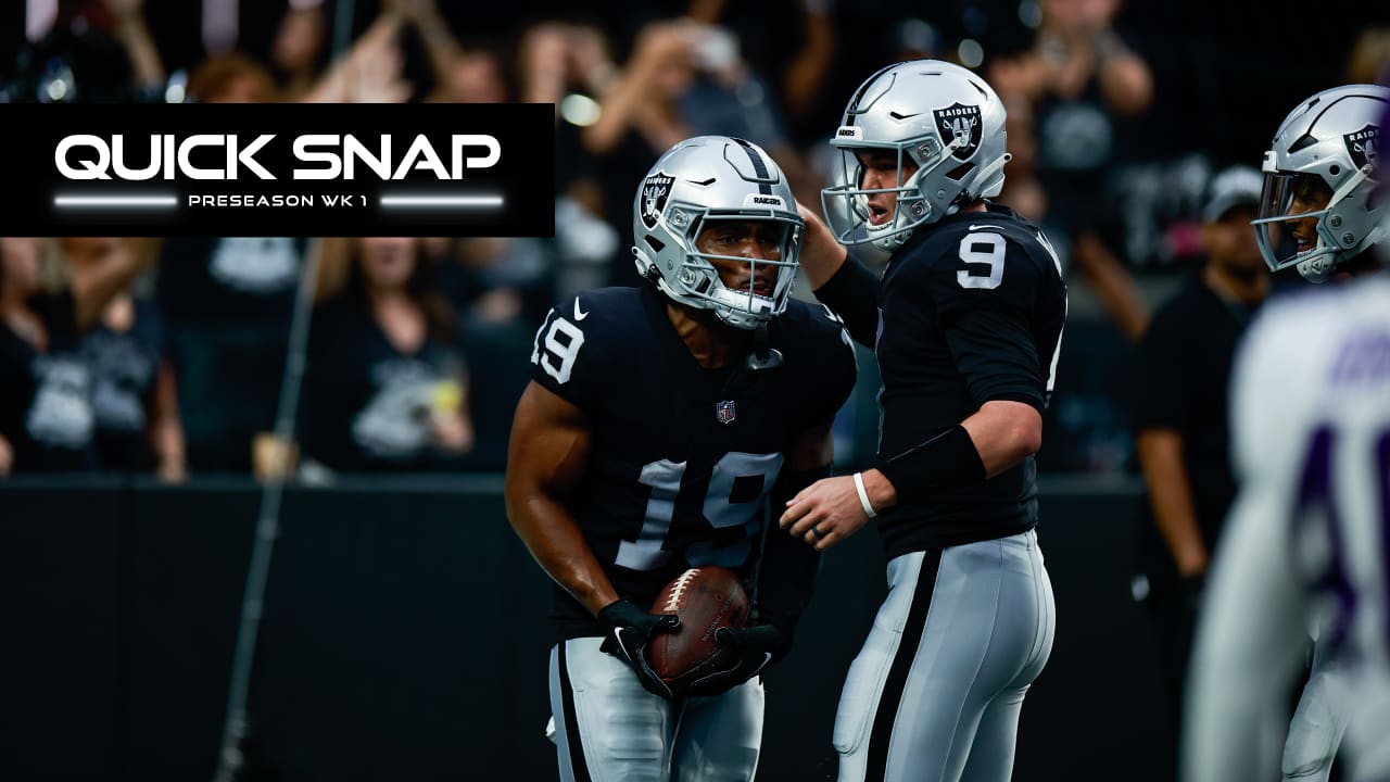 Las Vegas Raiders cornerbacks Sam Webb (48) and Isiah Brown (46) celebrate  after the Miami Dolphins missed a field goal during the second half of a  NFL preseason football game, Saturday, August