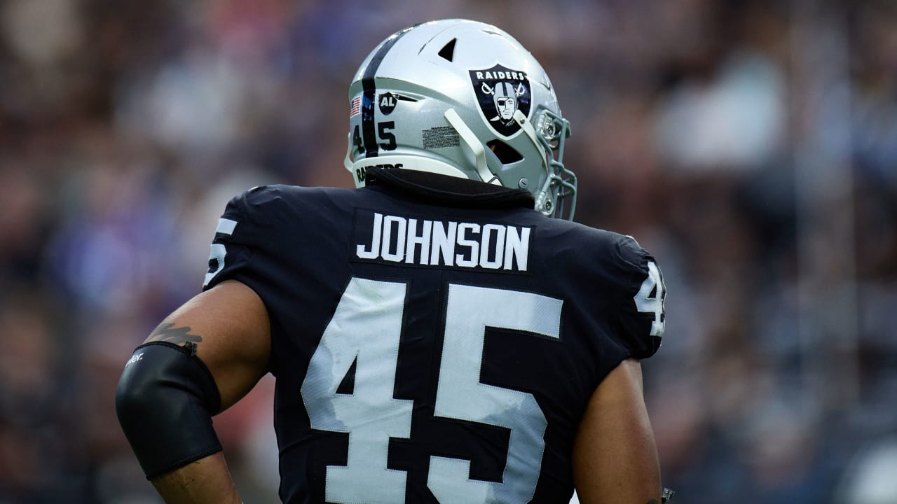 Las Vegas Raiders fullback Jakob Johnson (45) leaves the field against the  Indianapolis Colts during the