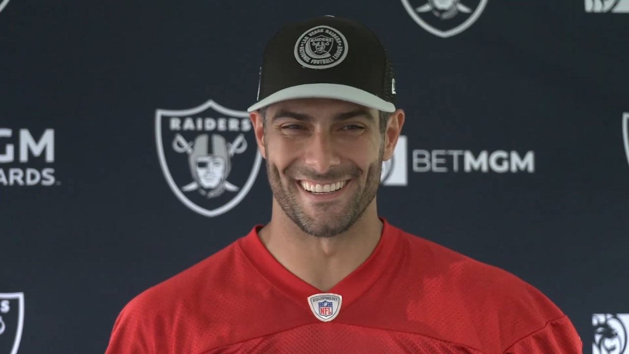 Quarterback Jimmy Garoppolo talks his first game as a Raider, the offensive  line, rookie tight end Michael Mayer, Press Conference