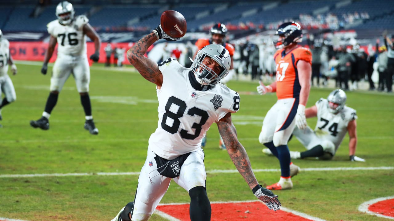 Las Vegas Raiders tight end Jason Witten (82) makes a touchdown catch over  Buffalo Bills outsid …