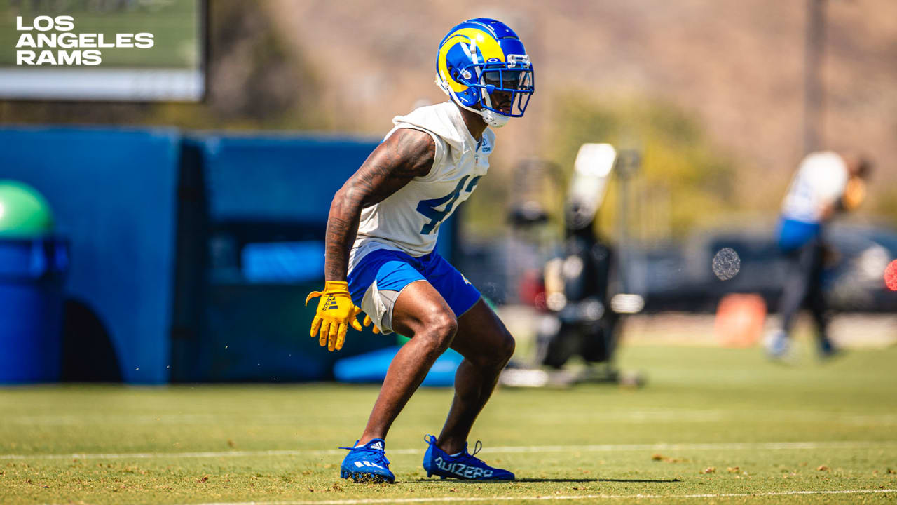 Defensive back (21) Russ Yeast of the Los Angeles Rams warms up before  playing against the San Francisco 49ers in an NFL football game, Monday,  Oct. 3, 2022, in Santa Clara, Calif. (