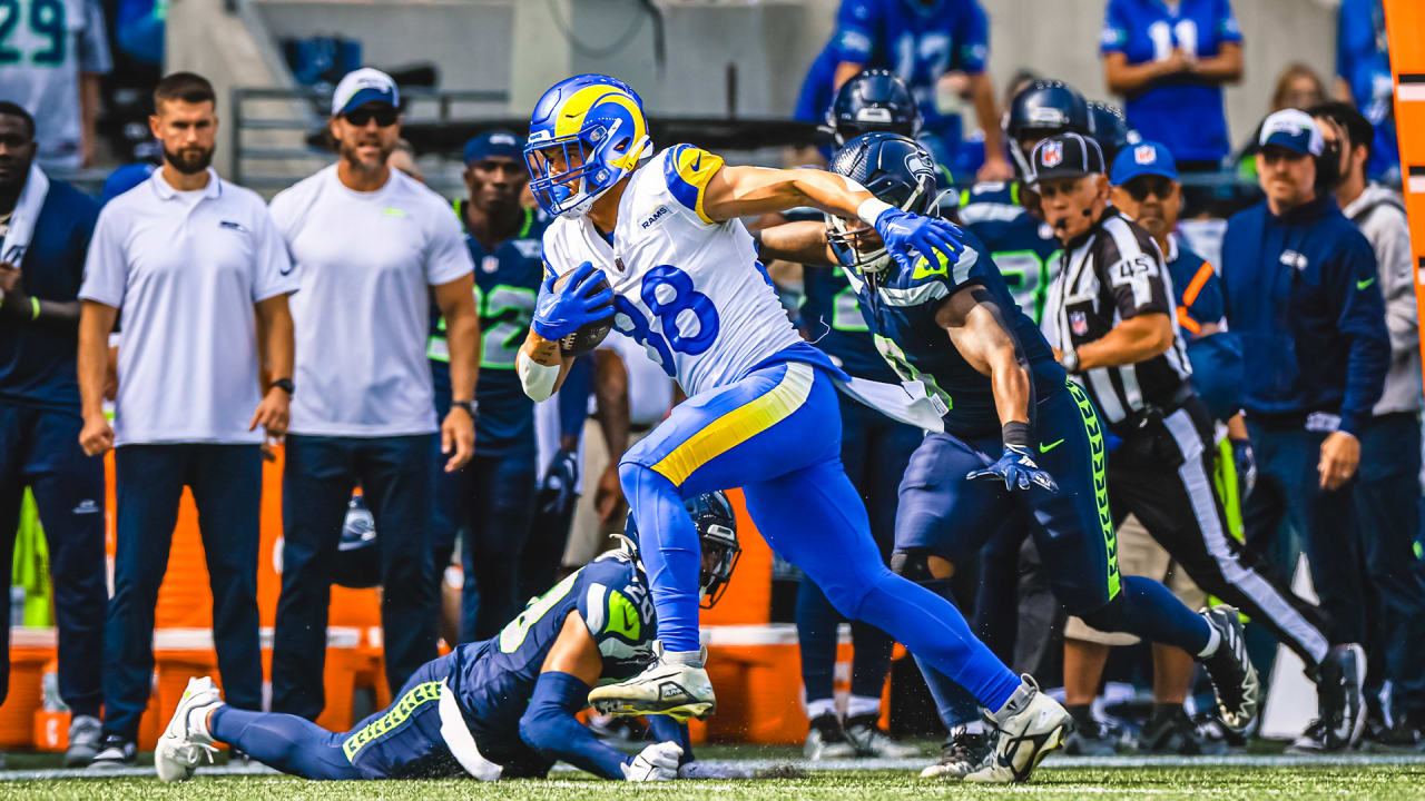 Los Angeles Rams tight end Brycen Hopkins makes a catch & breaks