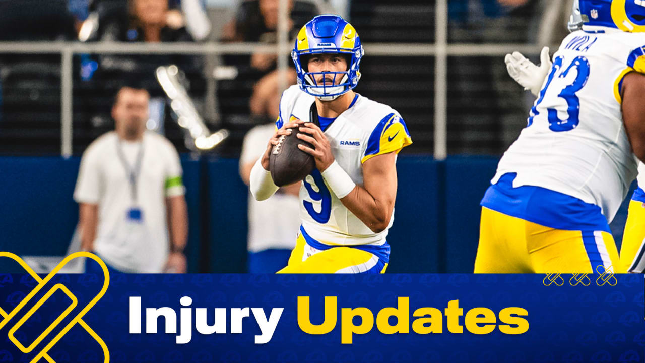 Rams quarterback Matthew Stafford is day-to-day with a MCL sprain in his right thumb;  Plus updates on offensive lineman Rob Havenstein, defensive back Kobe Durant, wide receiver Austin Trammell, wide receiver Pukka Nacua, and punter Ethan Evans, who will be out for the Cowboys’ Week 8