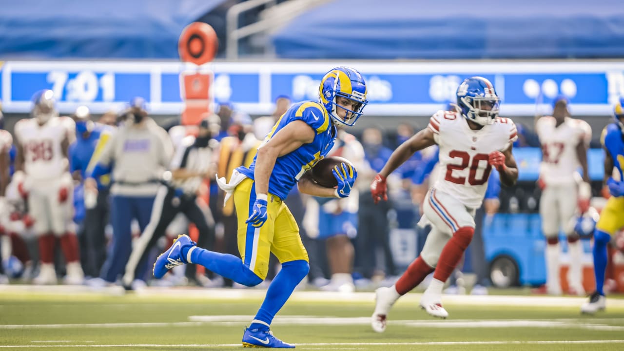 Linebacker Jake Hummel of the Los Angeles Rams intercepts a pass