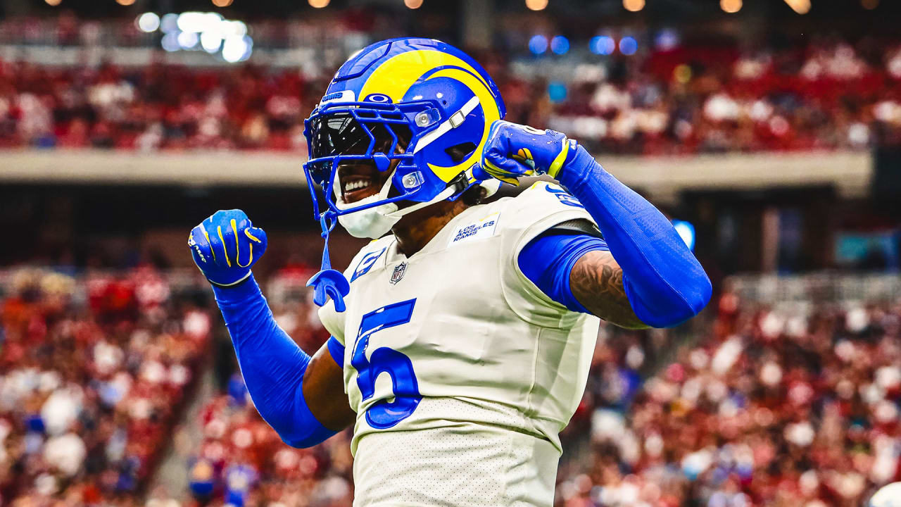 Los Angeles Rams cornerback Jalen Ramsey (5) during an NFL football game  against the Arizona Cardinals, Sunday, Oct. 3, 2021, in Inglewood, Calif.  The Arizona Cardinals defeated the Los Angeles Rams 37-20. (