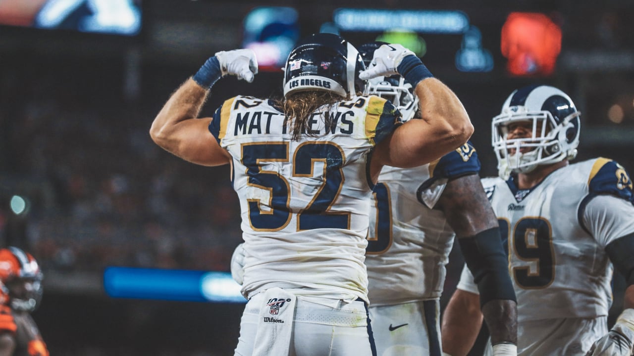 Los Angeles Rams outside linebacker Clay Matthews celebrates after sacking  Cleveland Browns quarterback Baker Mayfield during the second half of an  NFL football game, Sunday, Sept. 22, 2019, in Cleveland. The Rams