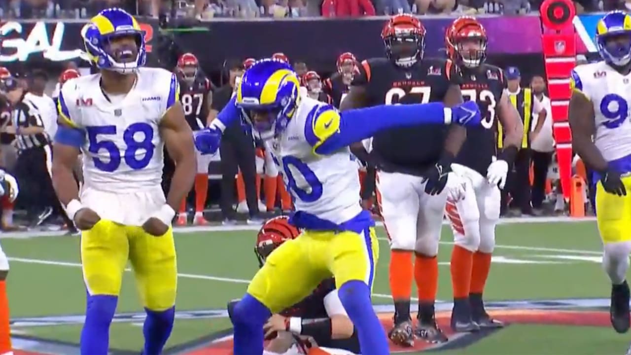 Los Angeles Rams linebacker Ernest Jones reads Cincinnati Bengals  quarterback Joe Burrow like a book for a fourth-down pass block