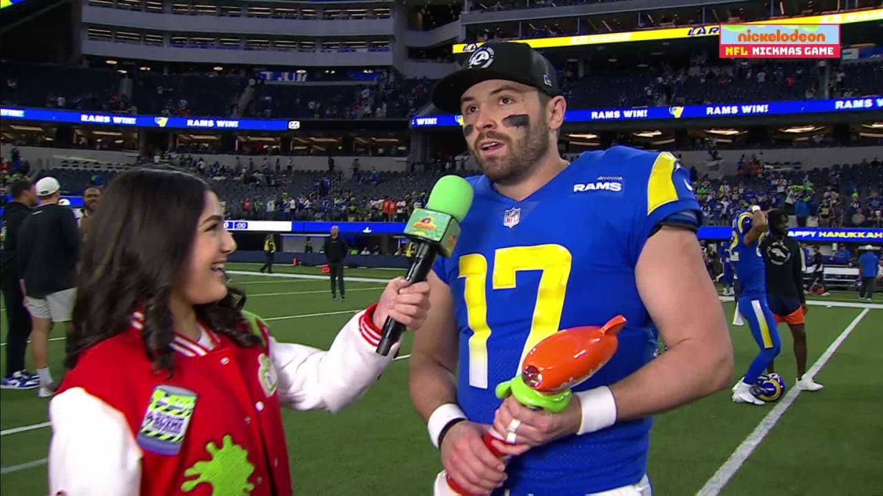 Los Angeles Rams quarterback Baker Mayfield reacts to winning Nickelodeon's  'NVP' after Christmas Day win vs. Denver Broncos in Week 16