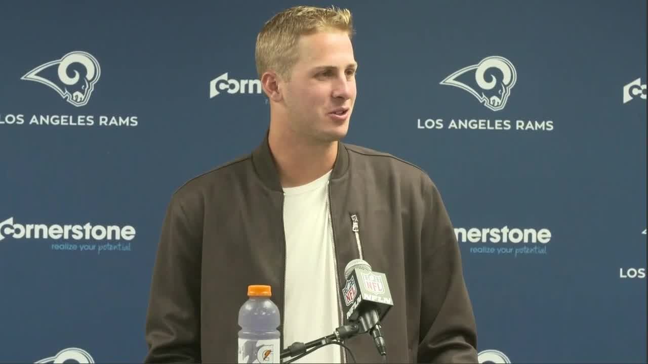 LA Rams quarterback Jared Goff wears FAMU shirt to press conference