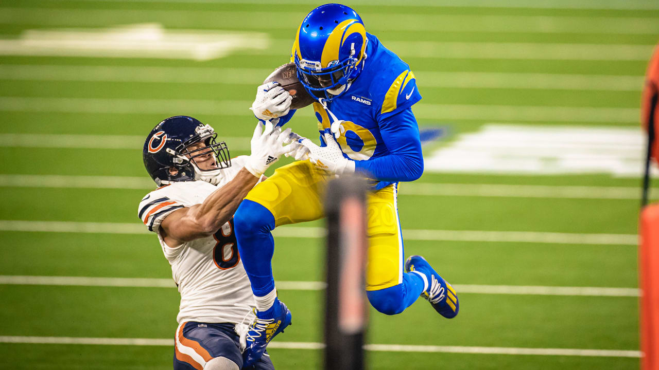 Linebacker Jake Hummel of the Los Angeles Rams intercepts a pass