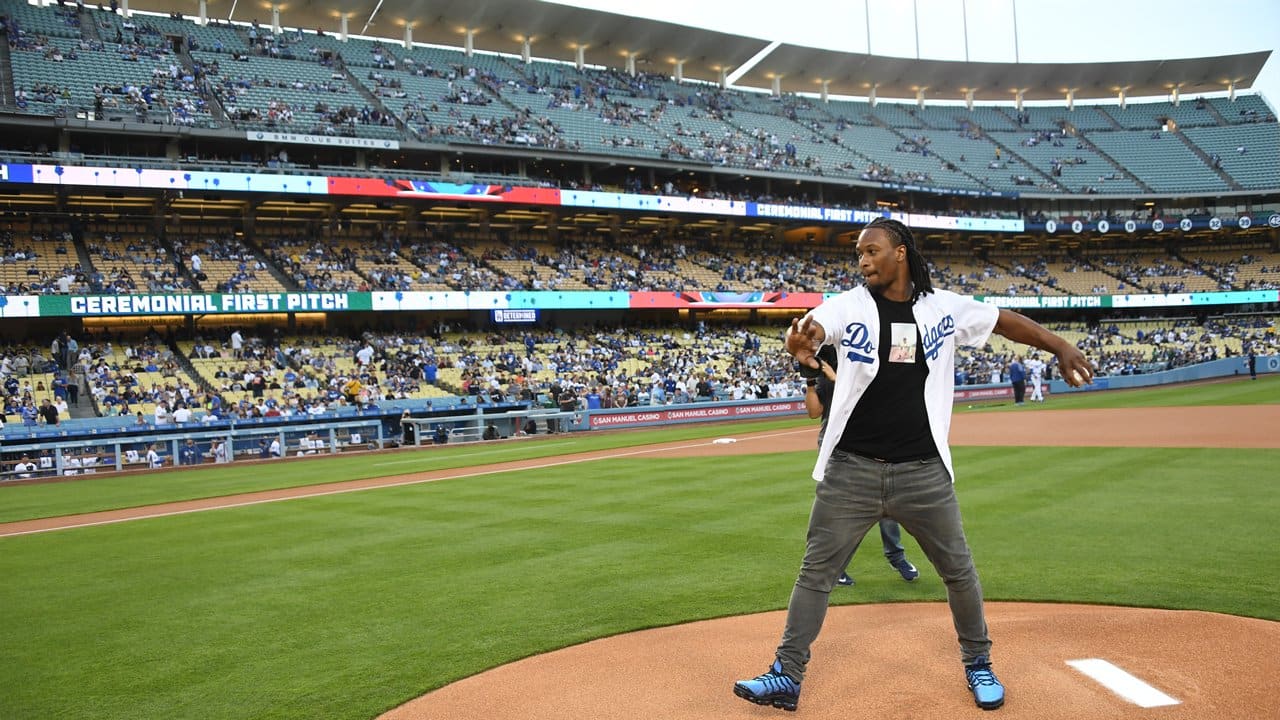 Todd Gurley Throws Out First Pitch for Los Angeles Dodgers