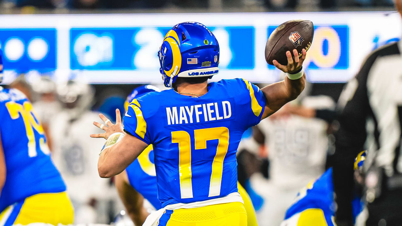 Los Angeles Rams quarterback Baker Mayfield's first pass goes for a 21