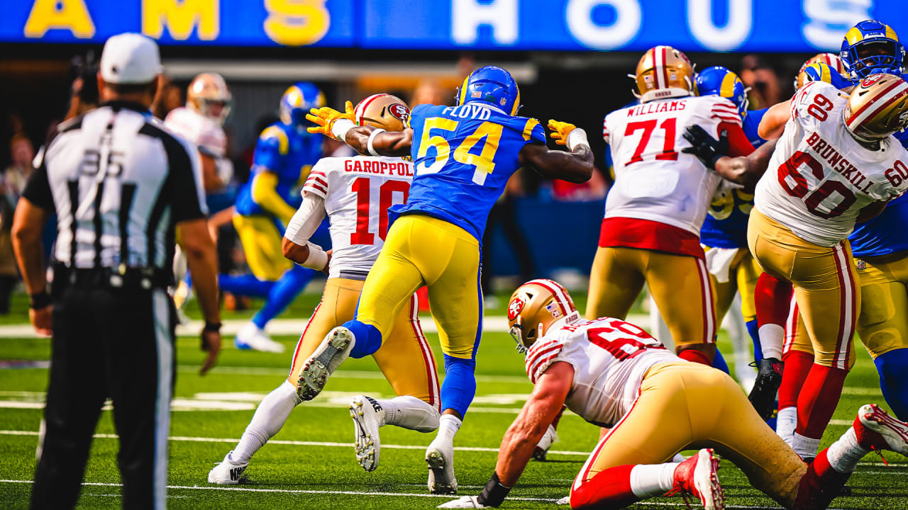 Los Angeles Rams linebacker Leonard Floyd flies past the 49ers offensive  tackle to get his first sack of the 2022 season