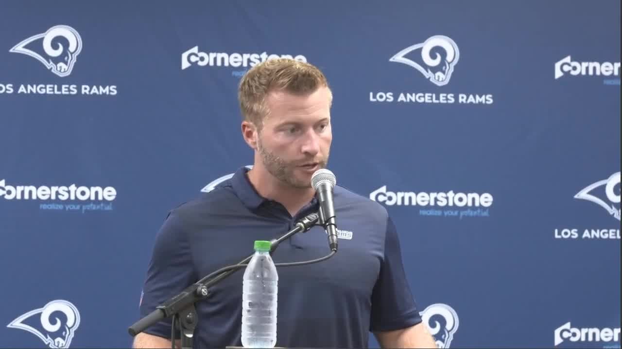 Inglewood, United States. 13th Feb, 2022. Sunday, February 13, 2022, 2022;  Inglewood, CA USA; Los Angeles Rams head coach Sean McVay looks up to see a  replay on the Jumbotron during Super