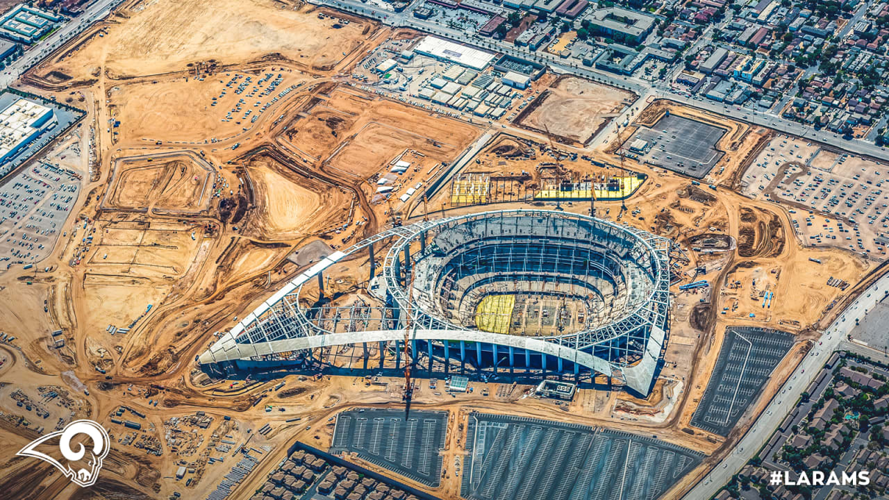 Rams New Stadium, fans, New LA Stadium, full stadium, aerial view