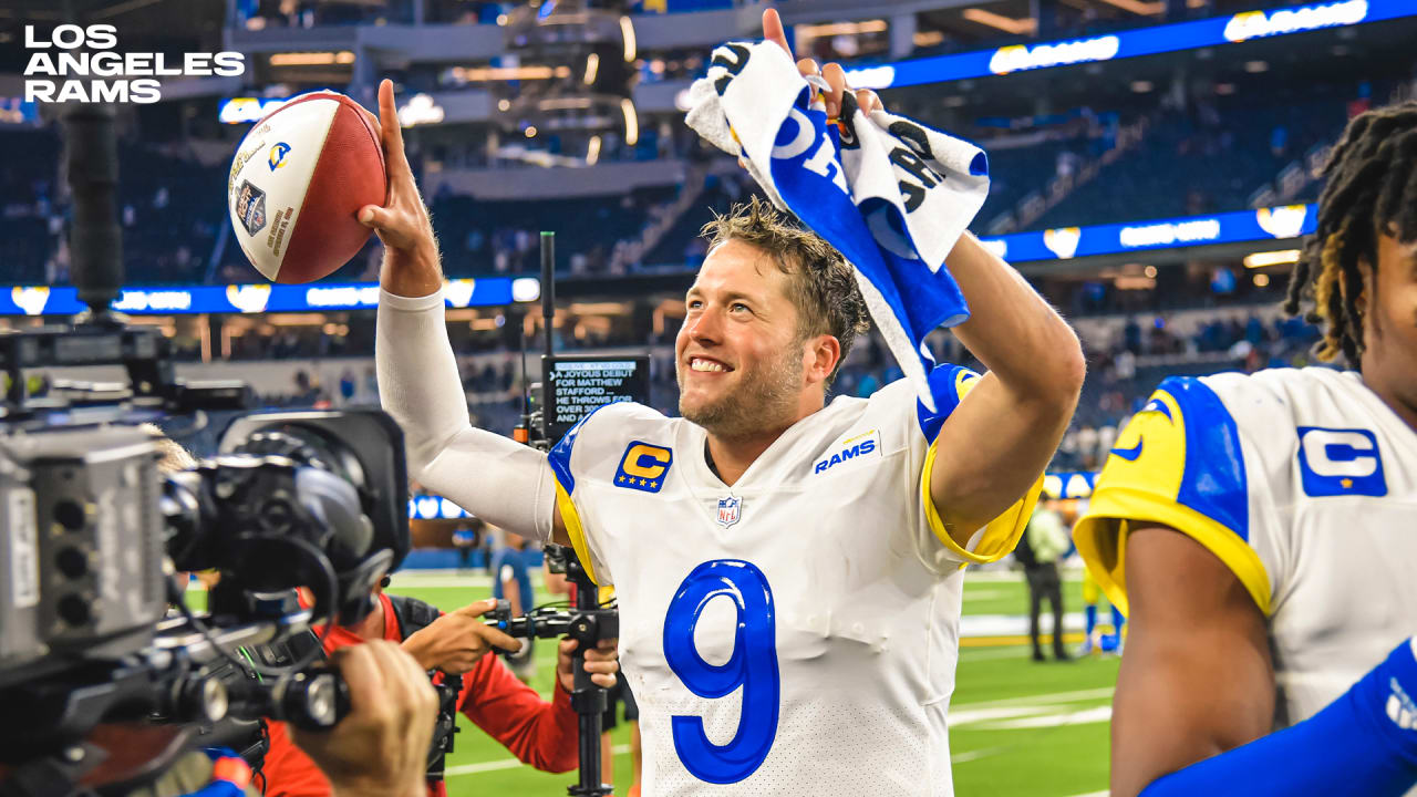 INGLEWOOD, CA - SEPTEMBER 08: Los Angeles Rams quarterback Matthew Stafford  (9) rolls out of the pocket during the NFL game between the Buffalo Bills  and the Los Angeles Rams on September