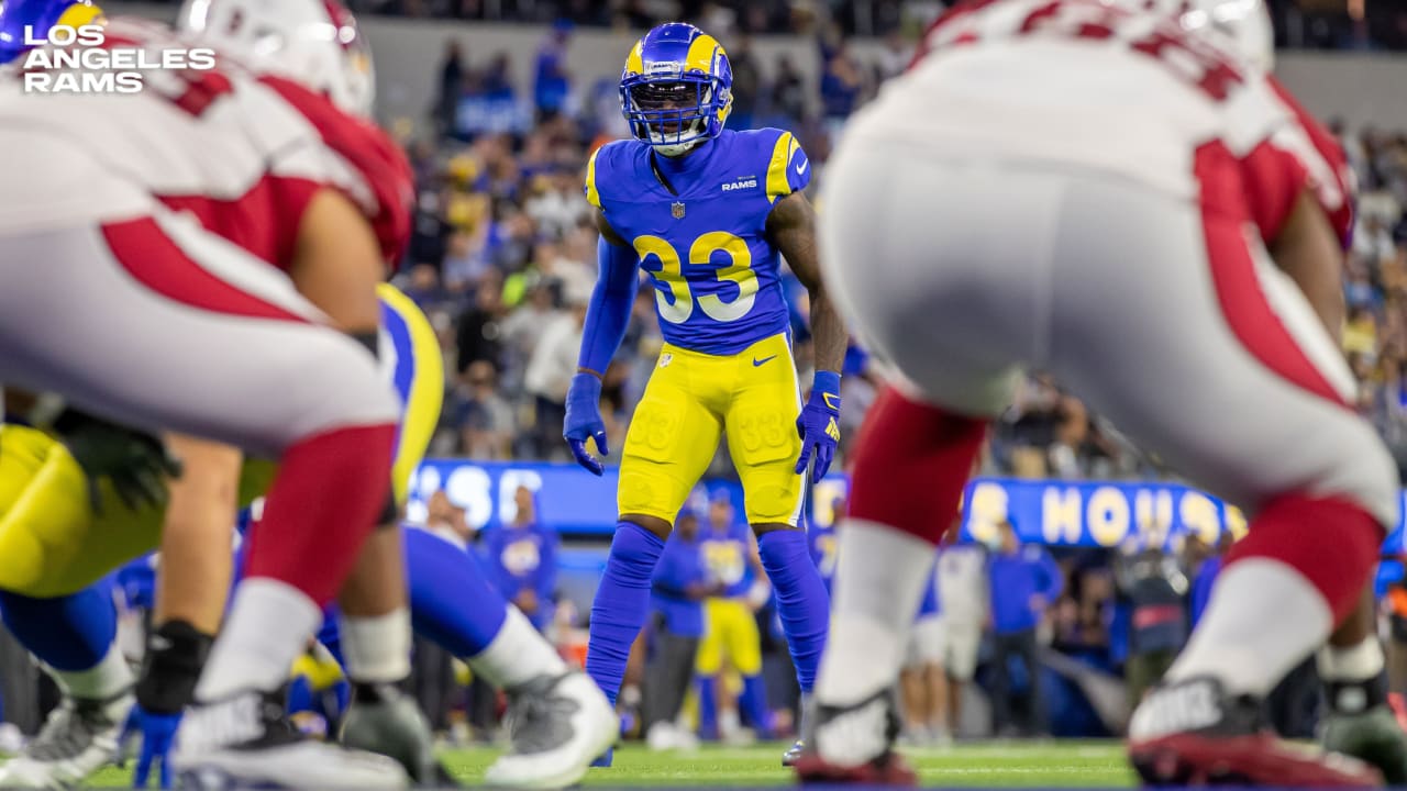 Detailed view of the NFL Crucial Catch towel worn by Los Angeles Rams  safety Nick Scott (33) during an NFL football game against the Arizona  Cardinals, Sunday, Oct. 3, 2021, in Inglewood