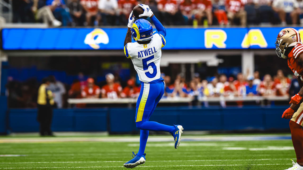 Los Angeles Rams quarterback Matthew Stafford unloads a 45-yard deep ball  to Rams wide receiver Tutu Atwell