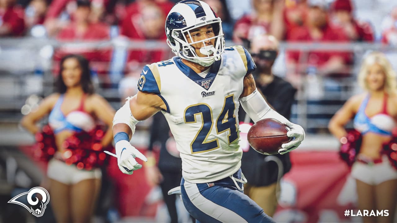 Los Angeles Rams safety Taylor Rapp (24) and Atlanta Falcons place